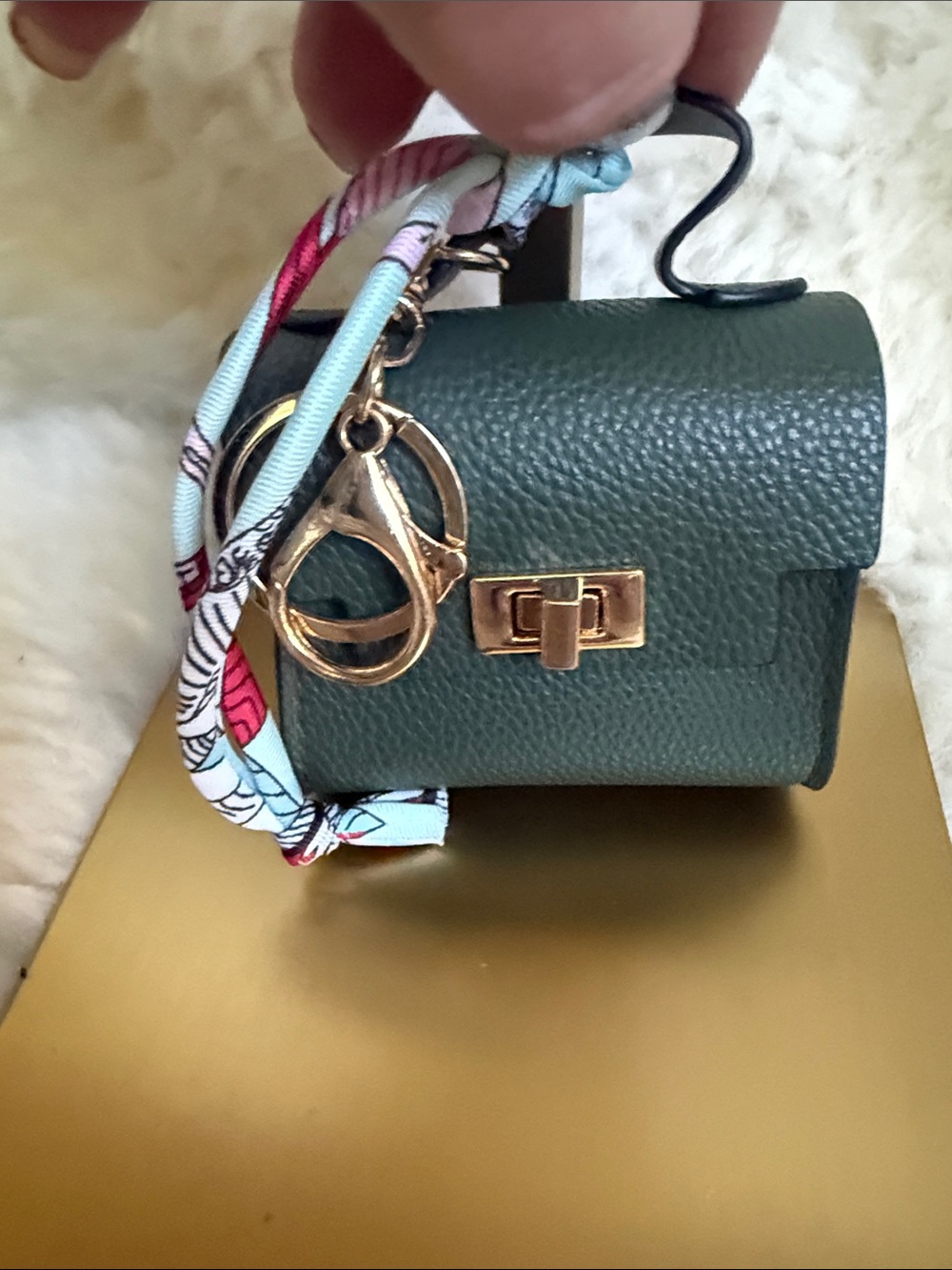 Green Textured Mini Top-Handle BAG CHARM or AIRPOD CASE with Scarf Accent